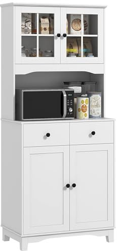 HOMCOM Küchenschrank Hochschrank mit Arbeitsplatte, 4 Türen und 2 Schubladen Buffetschrank Mikrowellenschrank mit Verstellbaren Ablagen, Weiß, 74,5 x 40 x 172 cm