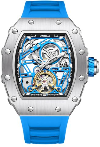DAXIAOYU Tonneau, orologio da polso da uomo, completamente automatico, con timone, volano, orologio meccanico Tourbillon, scheletro, impermeabile, alla moda, Argento blu, Lusso