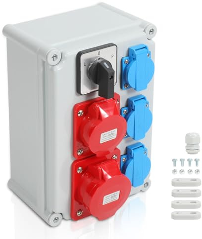 Peviasot Baustromverteiler Wandverteiler, 3xSchuko-Steckdose16A 230V, 1xCEE Steckdosen 16A 5P, Mit Umschalter, Steckdose Sicherheitsklappdeckeln, Gummischlauchleitung Stromzufuhr
