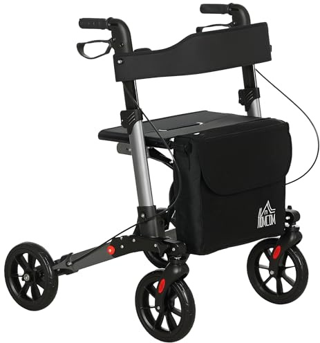 HOMCOM Rollator Walker with Seat, Compact Quick Folding Mobility Walker with 8 Wheels, Carry Bag, Adjustable Height, Cane Holder and Lightweight Aluminium Frame for Seniors and Disabled, Silver