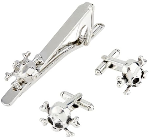 SUPERFINDINGS 1PC Fermacravatta A Forma di Teschio con 1 Paia di Gemelli A Forma di Teschio novità Fermacravatta A Forma di Scheletro Gemelli da Uomo e Fermacravatta per Regali da Uomo Abiti