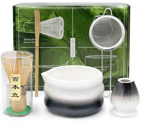 Gebrazy Matcha Set, 5 Stück Matcha Tee Set mit Matcha Whisk, Matcha Schale mit Ausgießer, Matcha Sieb, Rührer-Ständer und Bambuslöffel, für Matcha-Liebhaber (Black)