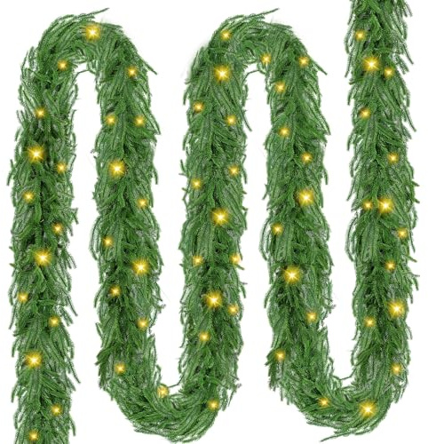 9FT Prelit Christmas Garland with Lights Decorations: 2Pcs Artificial Greenery Garland Battery Operated for Fireplace Mantle Stairs Windows Xmas Decorations, Indoor Outdoor (Style2, L)