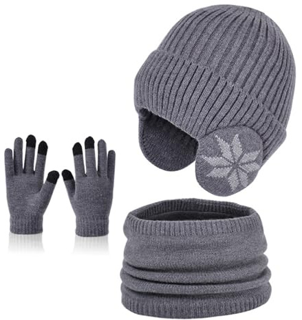 MAZELIKEHOOD Cappello Sciarpa Guanti per Bambino Set 3 Pezzi Invernale per Ragazzi Caldo Cappuccio con Paraorecchie Sciarpa e Guanti per Neve Regalo di Natale per Bambini 4-10 Anni