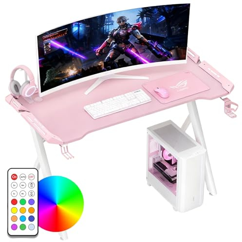 Suusolny LED Gaming Schreibtisch mit Kohlefaserbeschichtung Ergonomischer Computertisch mit RGB-Beleuchtung Gaming Tisch mit Y-förmige Tischbeine PC Tisch mit Kopfhörerhalter - Rosa 120x60x75cm