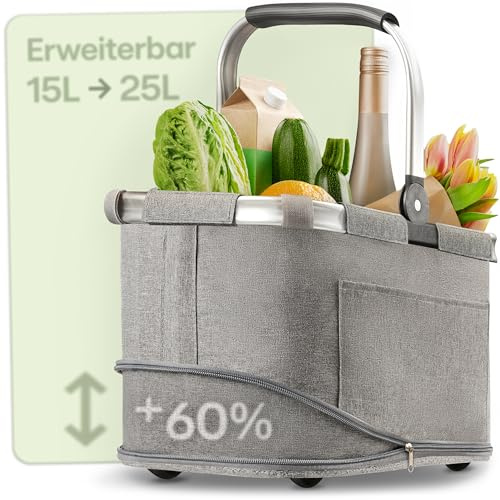 Praknu Cestino per La Spesa Pieghevole Piccolo – 2 in 1 Espandibile da 15L a 25L – Tessuto lavabile – Stabile con Telaio in Alluminio e Fondo Rinforzato – Tasche Extra interne ed esterne – Grigio