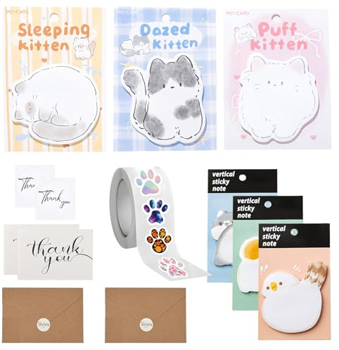 Tastetreasure 500 Pcs Animal Theme Sticky Notes & Stickers Set Cute Cat/Rabbit/Dog/Bird Journal Decor incl. Cartoon Dog Paw Prints Roll & Card Holder Index Tabs