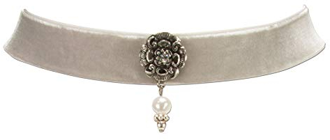 Trachtenkette Samtband Ornament mit Perle - Damen Samt-Kropfband Kristallstein enganliegend, Kropfkette elastisch für Trachtenbluse, Dirndlkette breit, Dirndl-Schmuck Choker zum Oktoberfest (grau)
