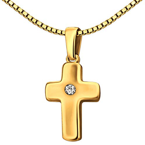 Clever Schmuck Juego de cadena de bautizo para niña, cruz de oro de 12 mm, circonita blanca central blanca, en estuche de cruz, color arena