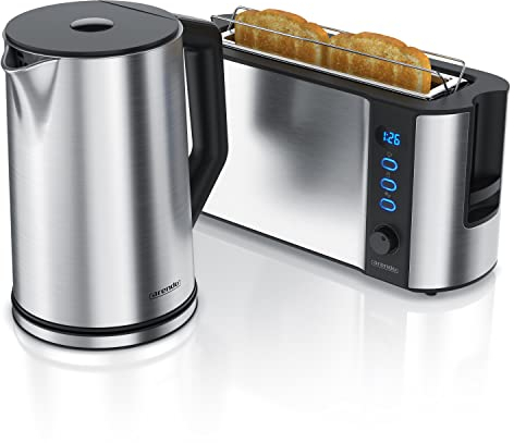 Arendo - Wasserkocher mit Toaster Set, Edelstahl Silber Wasserkocher 1,5L 40° - 100°C Warmhaltefunktion Toaster 2 Scheiben Display 6 Bräunungsgrade Brötchaufsatz