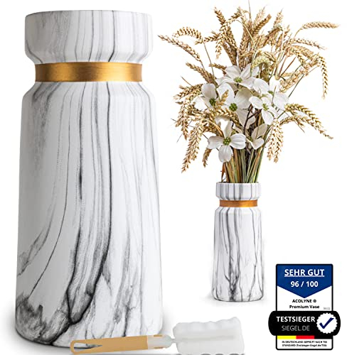 𝐀𝐜𝐨𝐥𝐲𝐧𝐞® Vase für Pampasgras aus Hochwertiger Keramik [MIT REINIGUNGSSCHWAMM & EBOOK] als Moderne Blumenvase in Weiß-Gold | Bodenvase Groß in Marmor-Optik | Vase Weiß