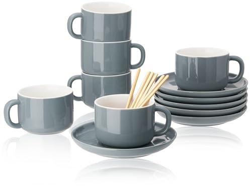 CHILDIKE 8oz Cappuccino Cups Set of 6, Ceramic Coffee Cups and Saucers Set with Spoons, Gray Durable Coffee Cups for Cappuccino Espresso Latte Mocha Au Lait Macchiato Cafe