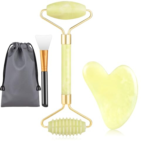 Jade Roller für Gesicht, Gua Sha und Maskenpinsel Gesichtsmassagegerät Set, Gesichtsroller Echte natürliche Gesichtsmassage Roller für Anti-Aging und Verjüngung Geschenk (Gelb)