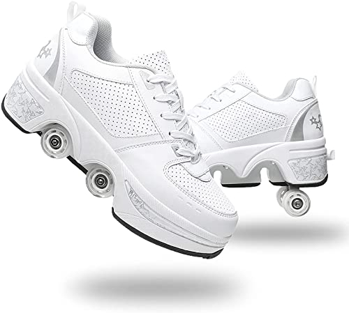 Roller Skate Shoes Rollschuhe Schuhe Mit Rollen Skateboardschuhe,Inline-Skate, verstellbar Damen Schuhe mit Rollen für mädchen (36, White Silver)