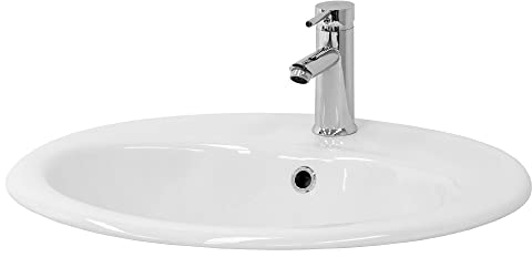 ML-Design Waschbecken aus Keramik Weiß glänzend 57x19,5x48,5cm Oval Einbauwaschbecken mit Hahnloch und Überlauf, Badezimmer Aufsatzwaschbecken Einbauwaschtisch Waschschale Waschplatz Handwaschbecken