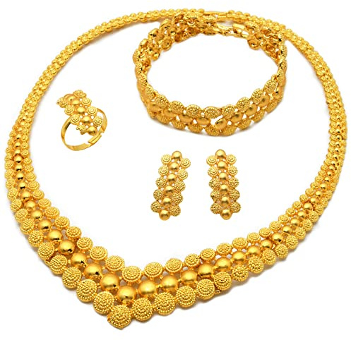 Indian Bollywood Women Jewelry Sets 24K Gold Plated Dubai Gold Necklace Earrings Bangle Fashion Wedding Prom Jewelry Set, Gold plated, No Gemstone
