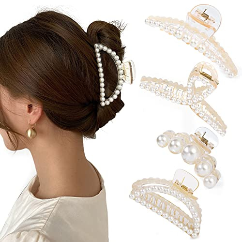 Mehayi 4 fermagli per capelli grandi con perle per donne e ragazze, fermagli per capelli spessi e sottili, accessori per capelli alla moda per acconciature per feste e matrimoni