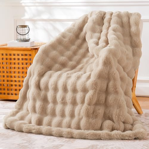 BENVWE Faux Fur Throw Blanket for Couch - Cozy Fuzzy Soft Plush Fluffy Thick Luxury Minky Bubble Blanket for Living Room Home Decor- Mothers Day Birthday Gifts for Women, Beige, 51 x 63