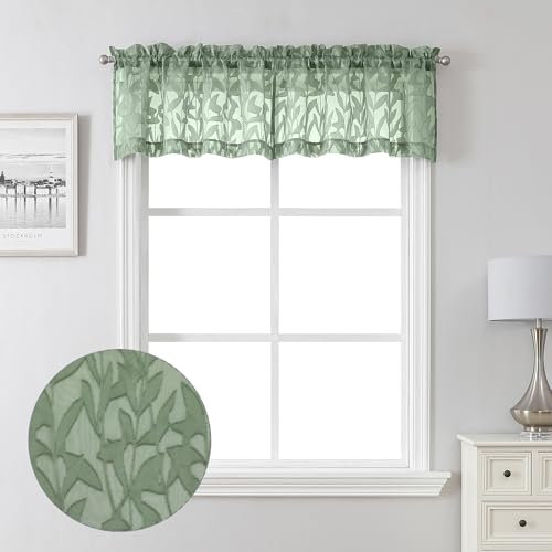 Lecloud Leia 14 Inch Sage Valance for Window Green Sheer Curtains 2 PCS, Jacquard Texture Leaves Semi Voile Living Room Curtain for Small Window, Dual Rod Pockets Bedroom Kitchen Valance, 38W x 14L