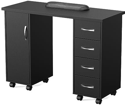 OmySalon OmySaon Manicure Table Nail Desk w/Cabinet, Drawers, Wheels & Wrist Rest, Spa Salon Beauty Home Wooden Technician Workstation Nail Art Equipment for Nail Tech, Black