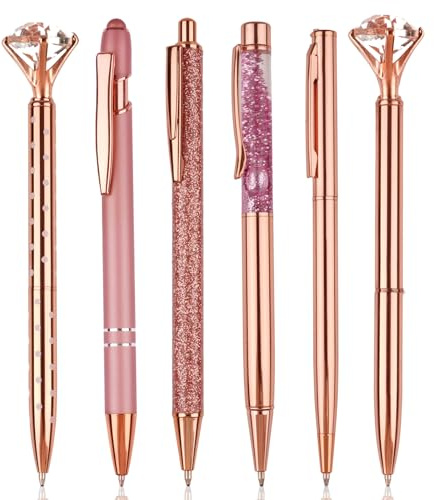 Kugelschreiber Roségold Set - 6 Stück Schöne Glitzer Mit Großem Diamant, Pink, Rosa - Geschenke für Frauen, Mädchen, Brautjungfer, Hochzeit, Büro