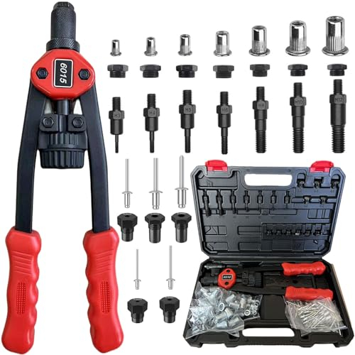 DURDUR Nietmutternzange set, 2 in 1 Nietmutternzange und Blindnietzange Set,Nietmutterwerkzeug| M3-M12 7 Art Metrische Dorne &3.2-6.4mm 5 Nietköpfen(Inkl. 110x Nietmuttern & 60x Blindnieten)