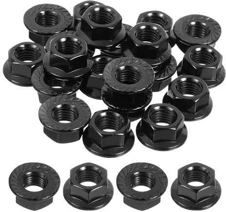 QUARKZMAN M10 x 1,25 mm räfflade flänsade hexagonala självlåsande muttrar, 20 st Metrisk hexagonal flänsad mutter halkfri rostfritt stål 304, full tråd, polerad finish, svart