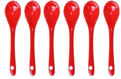 Pirhosigma 6 cucharas de porcelana roja para huevos, cucharas de cerámica de 4.7 pulgadas, cuchara de café, postre, yogur, té, té lechoso