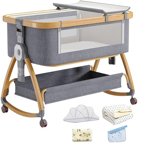 Inscrip 3 in1 Babybetten, Tragbar Babybett mit atmungsaktivem Netz, Moskitonetz und Laken, Verstellbarer Stubenwagen Beistellbett, Höhenverstellbar, Beistellbett 3 in1 Kinderbett, Grau