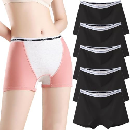 Hornice 5 Pezzi Mutandine Mestruali Donna Boxer a Vita Media in Cotone Pantaloni di Sicurezza Mutandine per Ciclo Pantaloncini Protettivi per Il Periodo Dopo Il Parto Hotpants,Nero,L