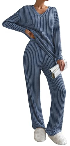 Famulily Pyjama pour femme - Manches longues - Col en V - Tenue d'intérieur - Jambes larges - Ensemble 2 pièces - Avec poches, bleu, M
