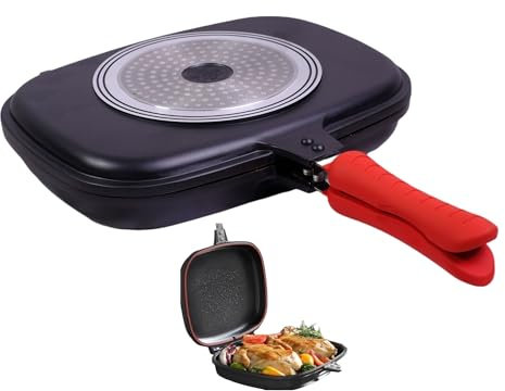 Meridiana® Padella Fornetto Doppia Griglia INDUZIONE 34x24cm Bistecchiera Piastra Double Grill in Pietra Antiaderente corpi separabili Antiaderente effetto pietra chiusura ermetica girafrittata (34CM)