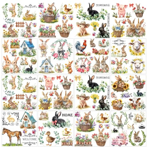 GOMAKERER 12 Sheets 12 Style Rub on Transfers for Crafts and Furniture, Rabbit Rub on Transfer Stickers Farmhouse Chicken Flower PVC Rub On Decals for DIY Home Window Spring Easter Decor, 14x14cm