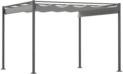 Outsunny 3 x 3(m) Garden Pergola with Retractable Roof and Magnetic Fixture, Outdoor Gazebo Pergola Kit Sun Shade Canopy, UPF30+, Grey