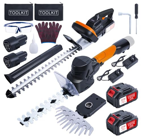 CHANGEMOORE 21V Cordless Hedge Trimmer Kit 4 Batteries Included, 48CM 65MN Steel Blade, 400W Brushless Motor, 3-in-1 from Grass Cutting and Hedge, 21cm Long Shrub Shear and 16cm Wide Grass Shear B