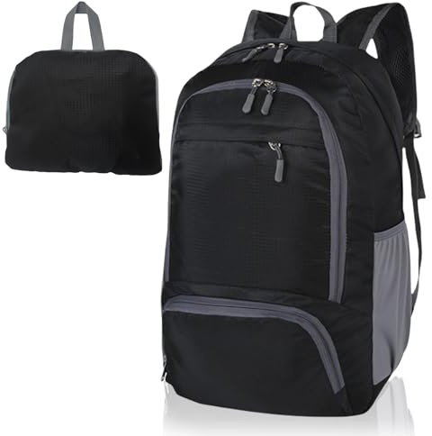 FENGZIZH Foldable Lightweight Travel Backpack, 30L Waterproof Rucksack for Men and Women, Durable Daypack for Hiking, Camping and Outdoor Adventures (Black)