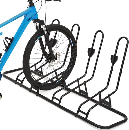 Floor Bike Stand, Bike Rack Safeguard Disc Brakes & Derailleurs, Waterproof Bike Holder Road/Kids/MTB Bicycles, Fits 12-29 Tires, Upgraded 0.63 Steel Tubes, Indoor Outdoor Garage (for 4 Bikes)