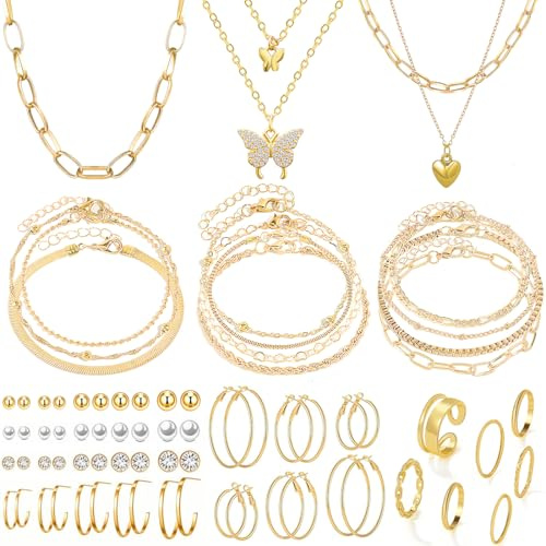 IFNODO 47pcs Gold Jewelry Set With 3 PCS Necklace, 11 PCS Bracelet,20pcs Hoop Stud Earrings,7pcs rings set For Women For Birthday Gifts