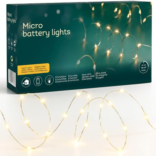 MIJOMA Micro LED Wire Fairy Lights, Warm White, 8 Functions with Twinkle Effect, Timer, Battery Operated, Silver Wire, IP44, for Indoor and Outdoor Use, Atmospheric Christmas Lighting (95 cm - 20 LEDs