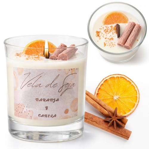 VICEMA Vela Aromática Perfumada con Cera de Soja Ecológica, Fabricación Artesanal en ESPAÑA, Aromaterapia y Decorativa, en Vaso de Cristal, Aroma a Naranja-Canela, Duración + de 30 Horas