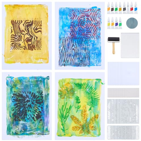 WEBEEDY 10 Sets Gel Printing Plate Kit Complete DIY Printmaking Kit with 5x 7 Gel Plate, Leaf Stencils, Brayer, A5 Paper, Paints & Instruction for Mixed Media Art Printing Projects Supplies