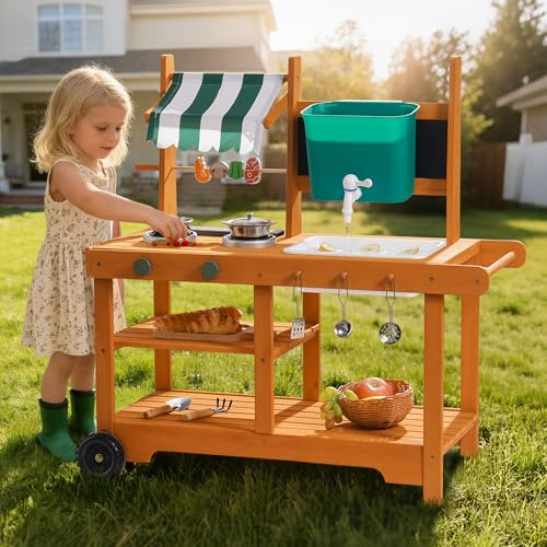 ROBOTIME Cocina de barro para niños al aire libre con toldo y ruedas, cocina de madera para jugar al aire libre con parrilla de barbacoa, fregadero y almacenamiento, juguete de cocina portátil para