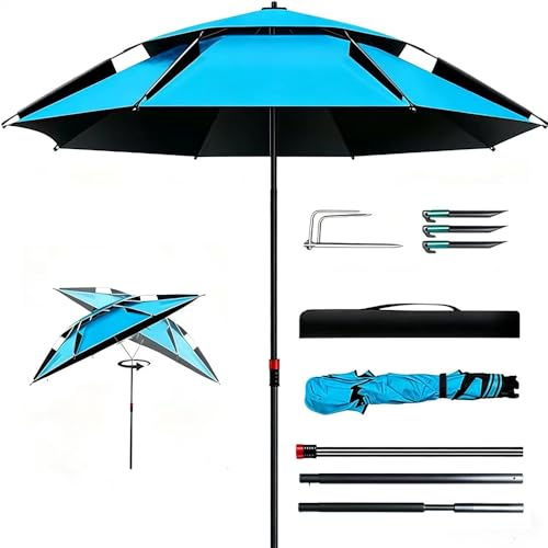 Ombrellone da spiaggia, resistente al vento, stabile, girevole a 360°, stecche in fibra di vetro ispessite, protezione UV, isolamento termico, design traspirante a doppio strato, per balcone, giardino