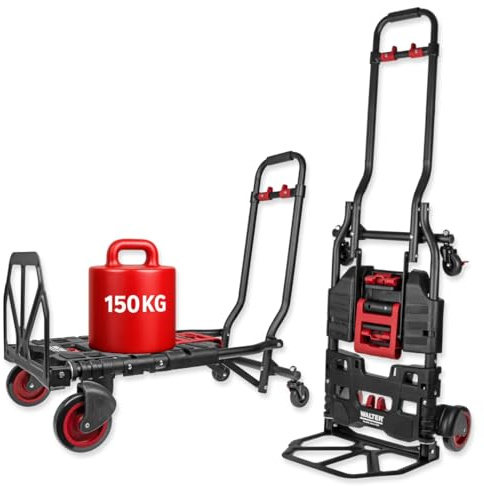 WALTER 2-in-1 Transportwagen & Transportkarre – 150 kg Tragkraft, ausziehbarer Griff, Feststellbremse, elastische Fixierbänder, klappbar