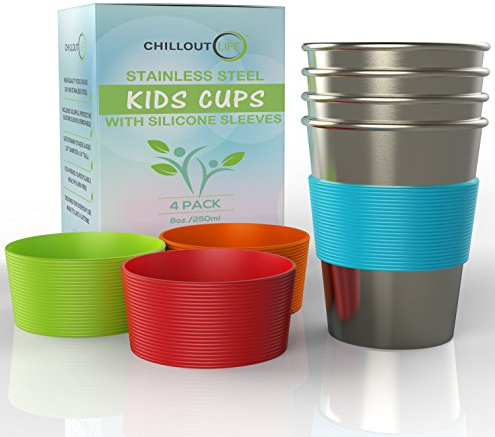 Stainless Steel Cups for Kids and Toddlers 8 oz. with Silicone Sleeves - Small Metal Cups for Home & Outdoor Activities, BPA Free Healthy Unbreakable Premium Metal Drinking Glasses (4-Pack)