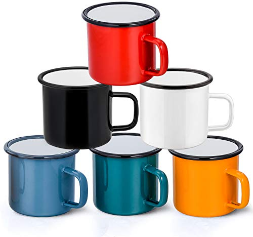 HaWare Enamel Coffee Tea Mug Set of 6, Red/Yellow/Blue/Green/White/Black Enamel Drinking Cups, Ideal for Home/Office/Travel/Camping, Resusable & Portable, 350 ml - 12 Ounce