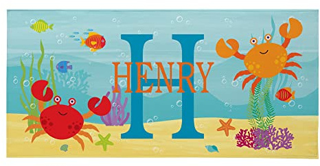 Let's Make Memories Personalized Kids Beach Towel - Custom Monogram & Name with Fun Beach Designs - Soft Cotton/Poly Blend - 60x30 - Name and Initial Monogram - Standard Size - Crab