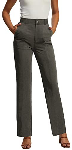 Femiss Pantalon taille haute droit - Vêtement de bureau élégant, uniforme de travail avec 2 poches latérales, pour femmes, adolescentes, filles, dames (Taille 6 à 18), gris, 44