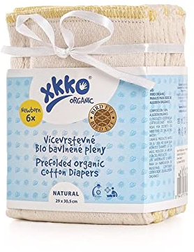 XKKO - Prefolds – 100 % ekologisk bomull – Birds Eye – 6 stycken – olika storlekar, storlek Newborn (gul fåll) – 29 x 30,5 cm (2–5 kg)
