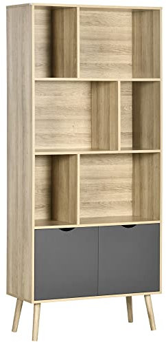 HOMCOM Modern Bookcase with Bottom Cabinet and 6 Open Shelves, Freestanding Bookshelf for Study Living Room Home Office, Natural and Dark Grey